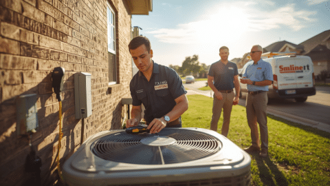 HVAC contractor inspecting air conditioning unit in Tulsa home