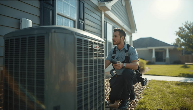 HVAC technician inspecting a home air conditioning unit during maintenance